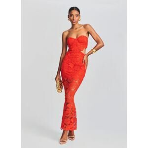Retrofête Eliza Strapless Floral Lace Bodycon Maxi Dress in Orange, Women’s Size